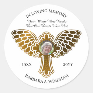 In Loving Memory Photo Keepsake Cross with Wings Classic Round Sticker