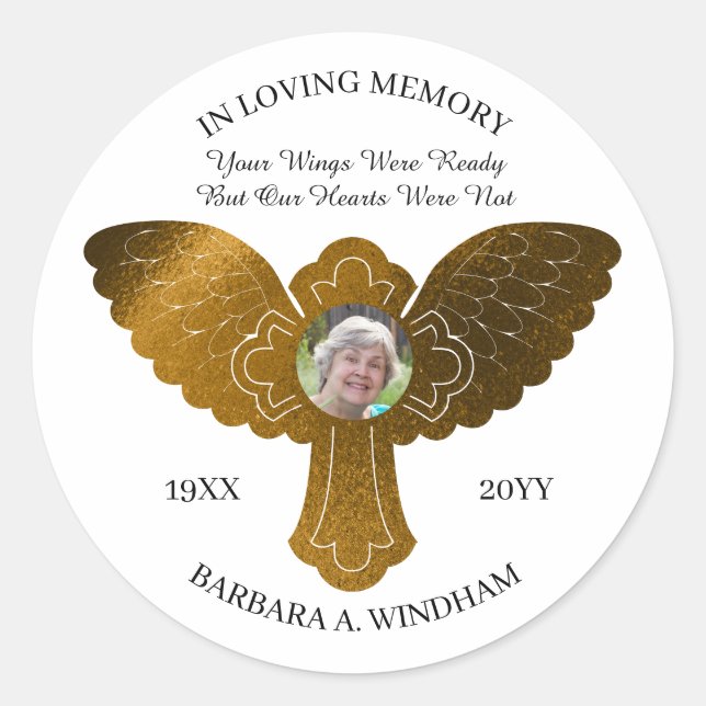 In Loving Memory Photo Keepsake Cross with Wings Classic Round Sticker (Front)