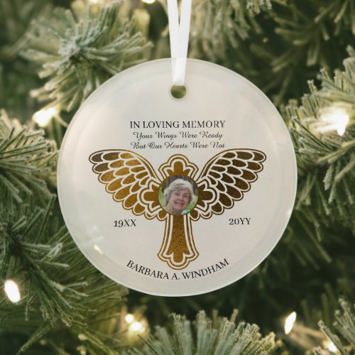 In Loving Memory Photo Keepsake Cross with Wings Glass Ornament