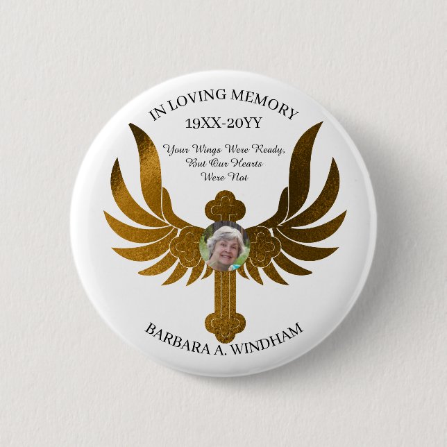 In Loving Memory Photo Keepsake Cross with Wings K Button (Front)