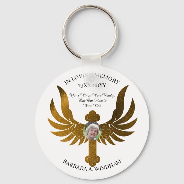 In Loving Memory Photo Keepsake Cross with Wings K Keychain (Front)