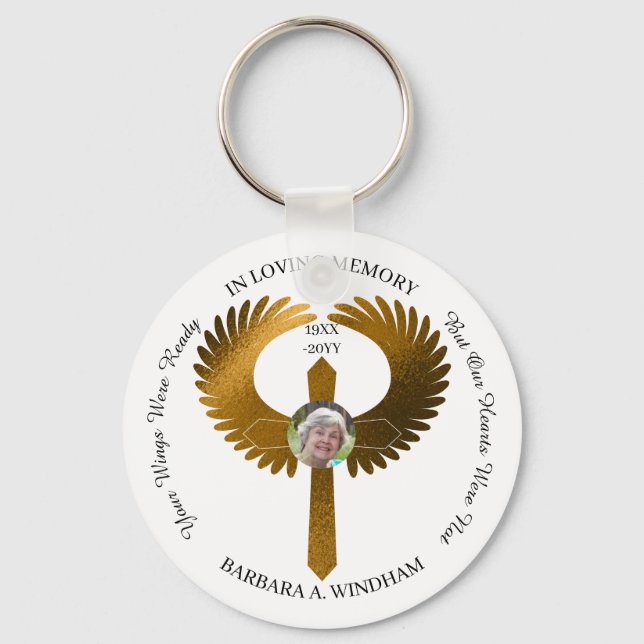 In Loving Memory Photo Keepsake Cross with Wings Keychain (Front)