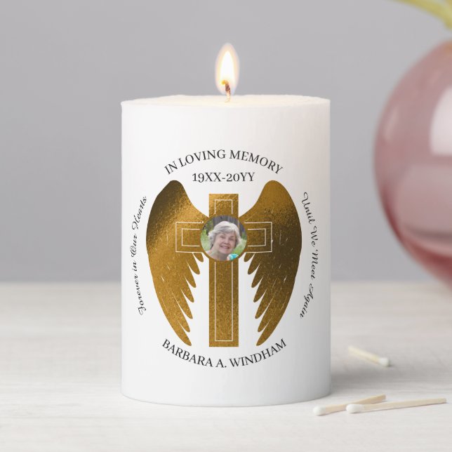 In Loving Memory Photo Keepsake Cross with Wings Pillar Candle (In Situ)
