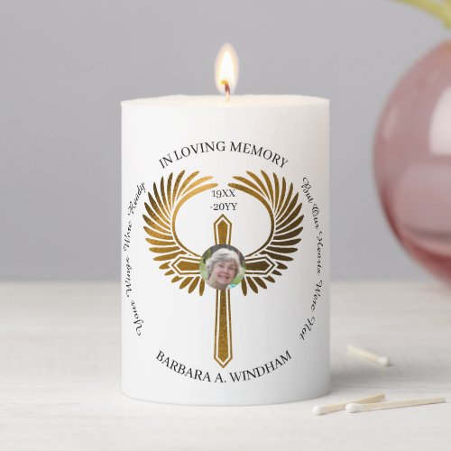 In Loving Memory Photo Keepsake Cross with Wings Pillar Candle