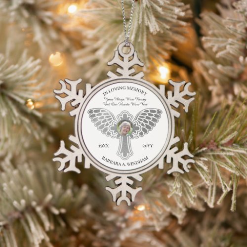 In Loving Memory Photo Keepsake Cross with Wings S Snowflake Pewter Christmas Ornament