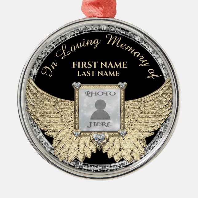 In Loving Memory Photo Memorial Diamond Look  Meta Metal Ornament (Front)