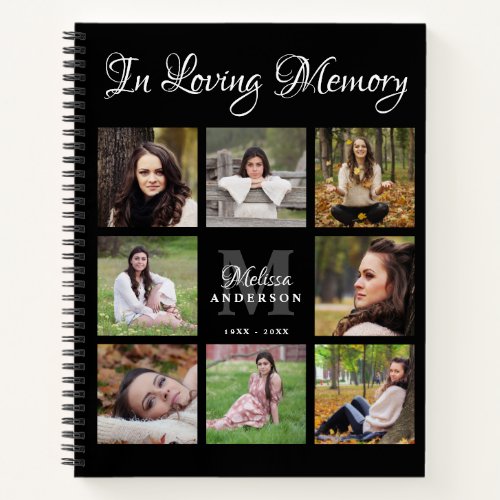 In Loving Memory Photo Memorial Funeral Guest Book - Modern 8 Photo Funeral Guest Book. This funeral guest book features a unique photo collage for 8 of your favorite photos, monogram initial elegant name, and dates, on a modern black design. This memorial guest book is perfect keepsake for memorial service, celebration of life and funeral . COPYRIGHT © 2020 Judy Burrows, Black Dog Art - All Rights Reserved. In Loving Memory Photo Memorial Funeral Guest Book