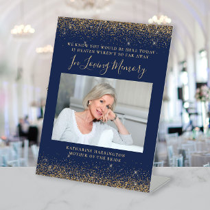 In Loving Memory Photo Navy Blue Gold Wedding Pedestal Sign
