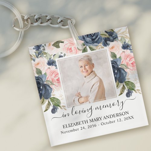 In Loving Memory Photo Navy Pink Floral Memorial Keychain