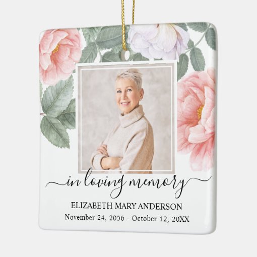 In Loving Memory Photo Pink Floral Memorial Ceramic Ornament Zazzle 