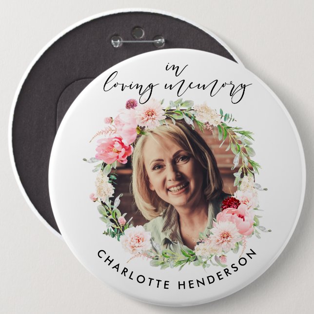 "In Loving Memory" Photo & Pink Peonies Tribute Button (Front & Back)