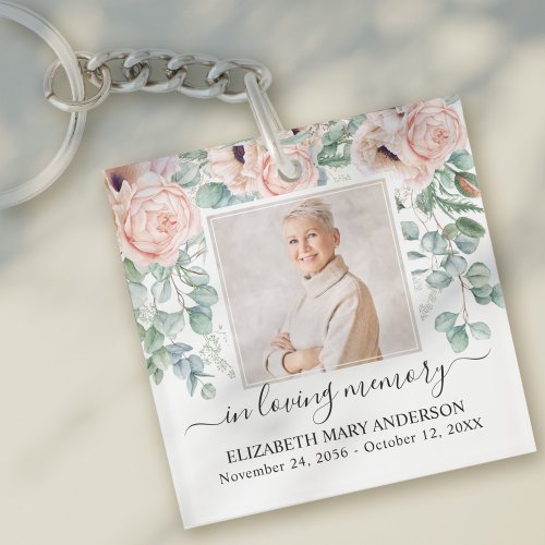 In Loving Memory Photo Pink Peony Floral Memorial Keychain