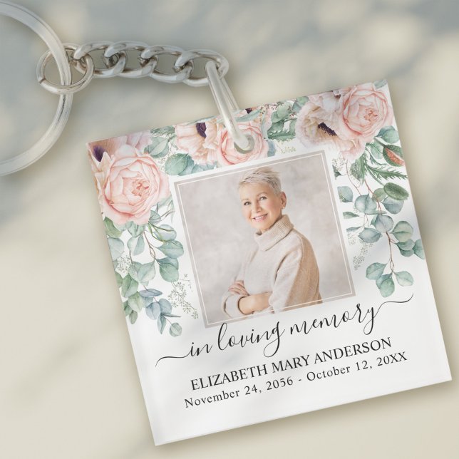 In Loving Memory Photo Pink Peony Floral Memorial Keychain (Creator Uploaded)