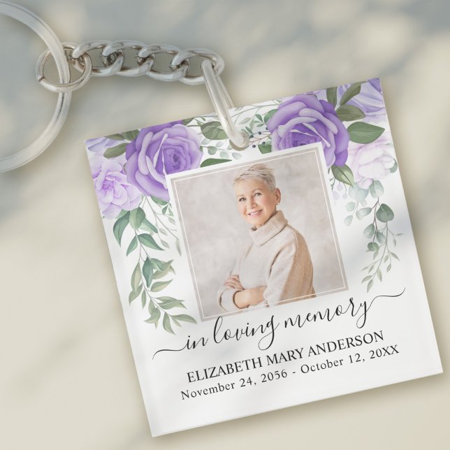 In Loving Memory Photo Purple Floral Memorial Keychain (Creator Uploaded)