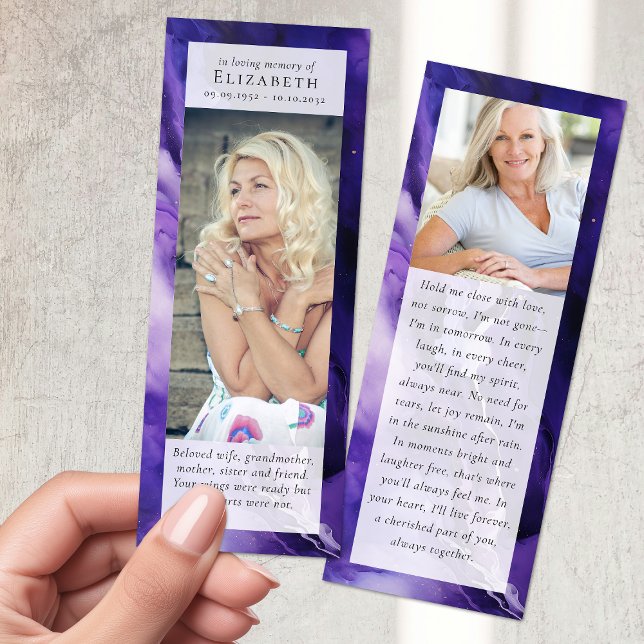 In Loving Memory Photo Purple Marble Funeral Bookmarks (Creator Uploaded)