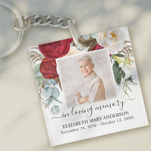 In Loving Memory Photo Red White Floral Memorial Keychain