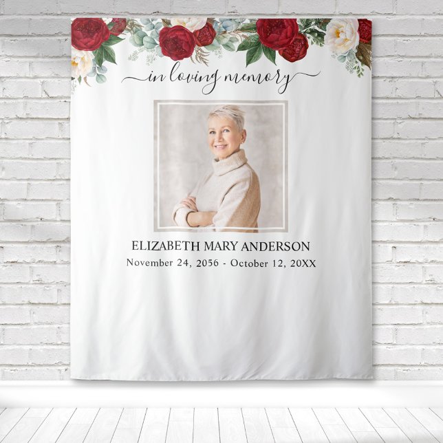 In Loving Memory Photo Red White Roses Memorial Tapestry (Red and white rose watercolor floral botanical memorial tapestry to honor your loved one.)
