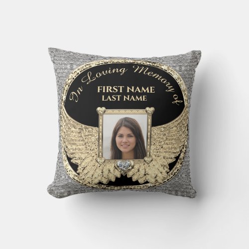 In Loving Memory Photo Silver and Gold Throw Pillow