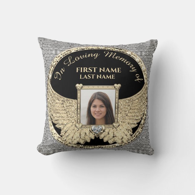 In Loving Memory Photo Silver and Gold Throw Pillow (Front)
