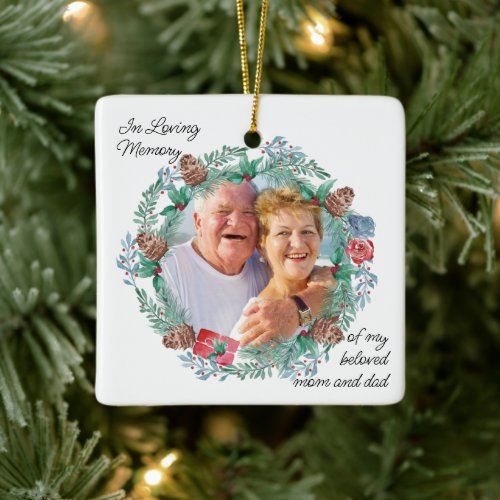 In Loving Memory Pine Cone Wreath Photo Ceramic Ornament