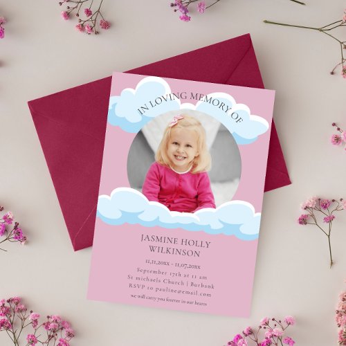in loving memory pink  clouds child funeral modern invitation