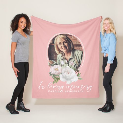 In Loving Memory Pink Floral Photo Tribute Fleece Blanket