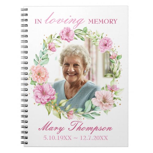 In Loving Memory Pink Floral Wreath Photo Funeral Notebook