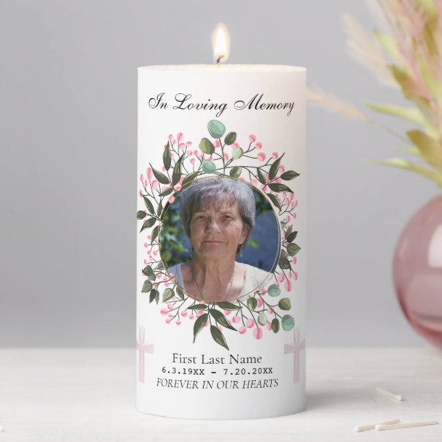In Loving Memory -  Pink Floral Wreath Pillar Candle (In Situ)