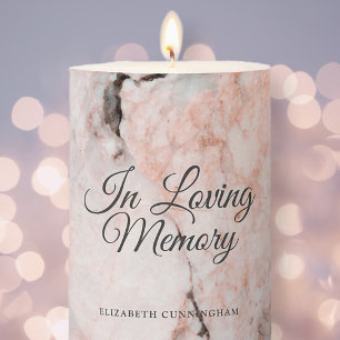 In Loving Memory Pink Marble Stone Memorial Pillar Candle