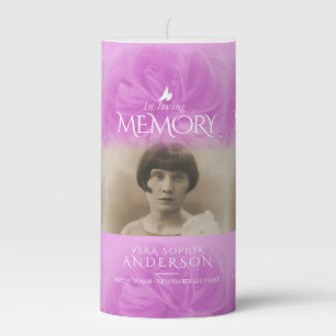 In loving memory pink purple rose photo  pillar candle