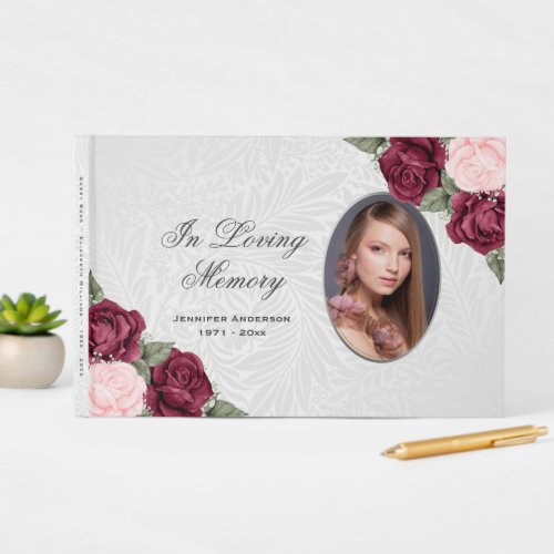 In Loving Memory Pink Red Floral Funeral Photo Guest Book