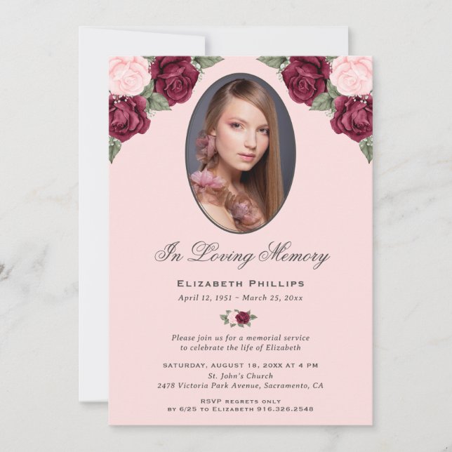 In Loving Memory Pink Red Floral Photo Invitation (Front)