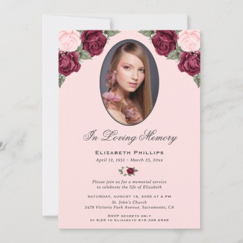 In Loving Memory Pink Red Floral Photo Invitation