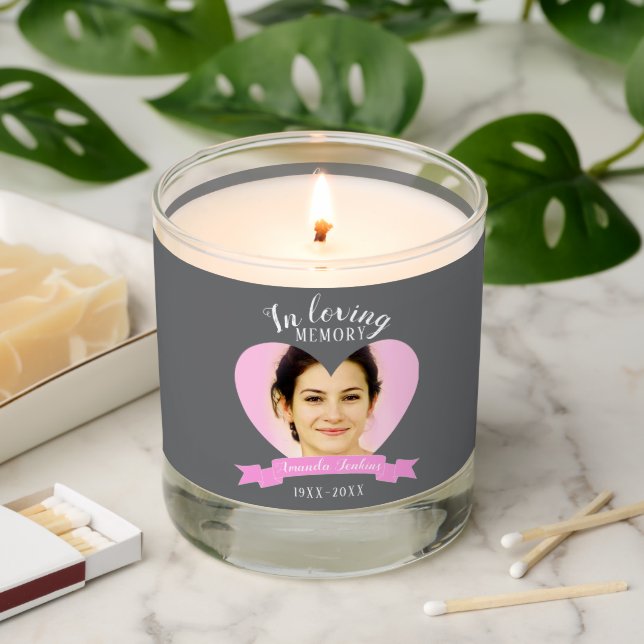 In loving memory pink ribbon gray heart photo scented candle (Lit)