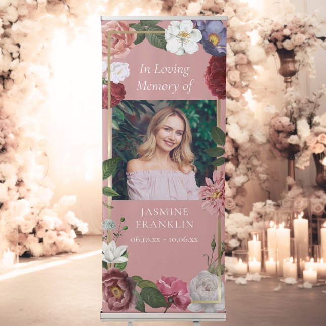 In Loving Memory Pink Rose Floral Photo Funeral  Retractable Banner (In Loving Memory Pink Rose Floral Photo Funeral Retractable Banner)