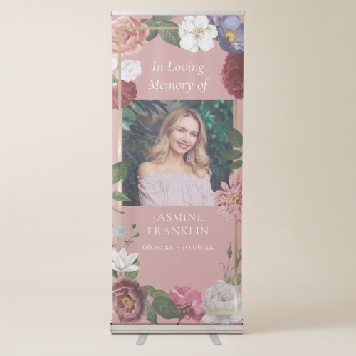 In Loving Memory Pink Rose Floral Photo Funeral  Retractable Banner