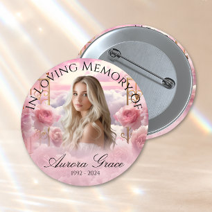 In Loving Memory Pink Roses Photo Button Pin