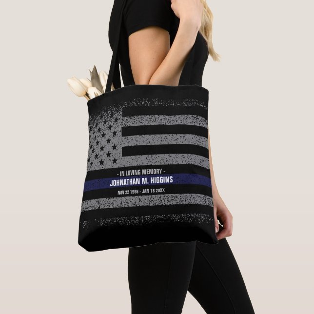 In Loving Memory Police Thin Blue Line Flag Tote (Close Up)