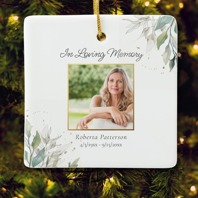 In Loving Memory Pretty Botanicals Memorial Photo Ceramic Ornament (Creator Uploaded)
