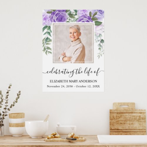 In Loving Memory Purple Floral Photo Poster