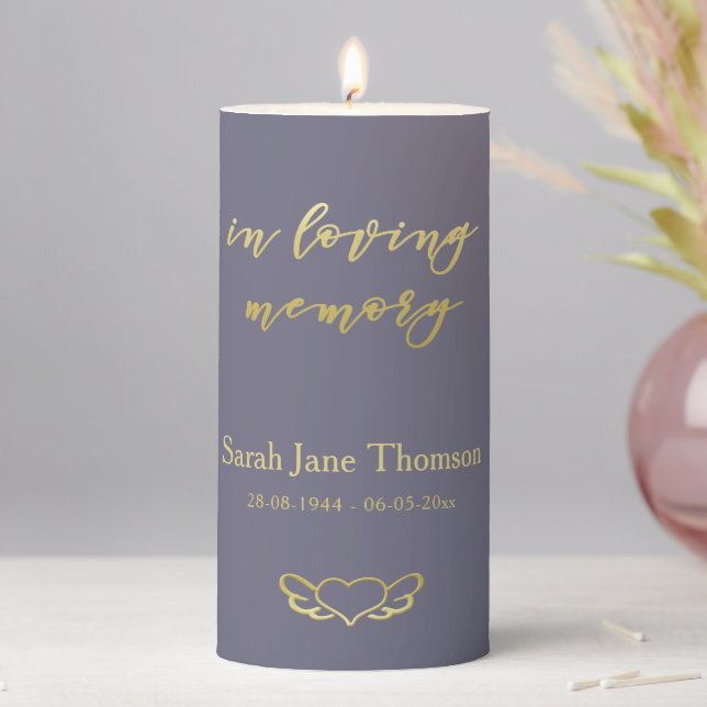 In Loving Memory - Purple & Gold Memorial Service Pillar Candle (In Situ)