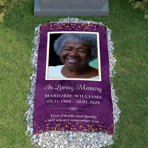 In Loving Memory Purple Gold Photo Grave Cover Banner