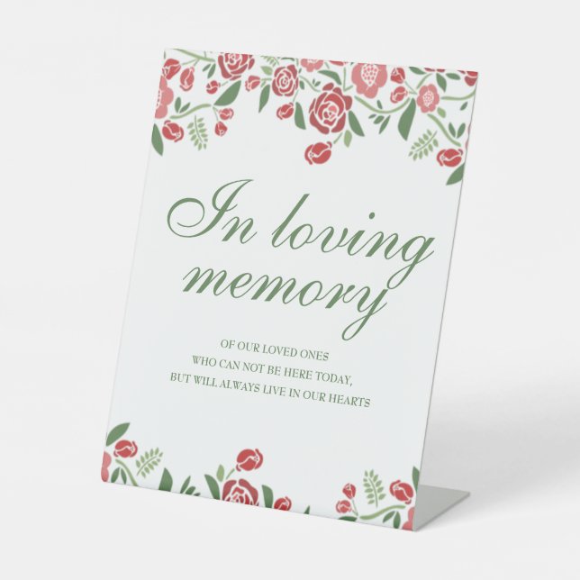 In Loving Memory Red Green Theme Floral Wedding Pedestal Sign (Front)