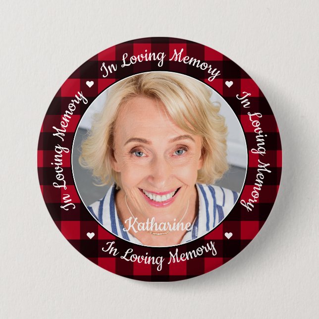 In Loving Memory Red Plaid Custom Photo Memorial Button (Front)