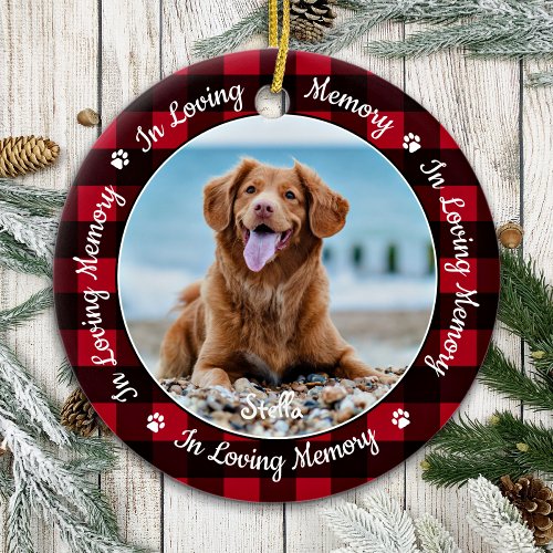 In Loving Memory Red Plaid Dog Photo Pet Memorial Ceramic Ornament