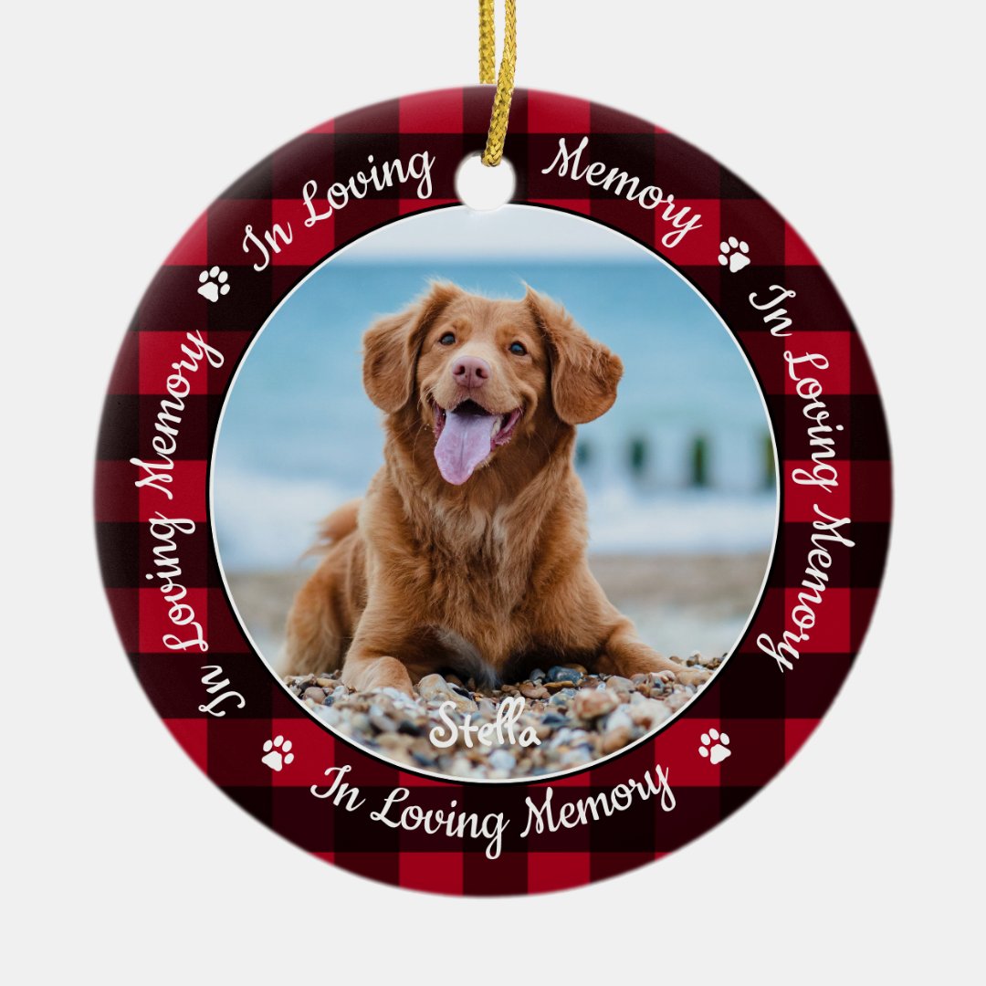 In Loving Memory Red Plaid Dog Photo Pet Memorial Ceramic Ornament | Zazzle
