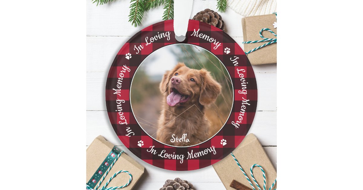 In Loving Memory Red Plaid Dog Photo Pet Memorial Ornament | Zazzle