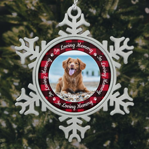 In Loving Memory Red Plaid Dog Photo Pet Memorial Snowflake Pewter Christmas Ornament