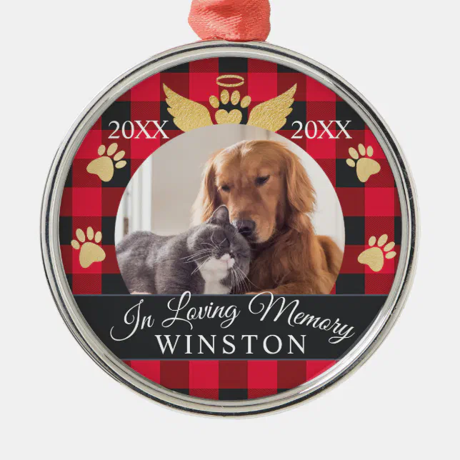 In Loving Memory | Red Plaid Pet Memorial Photo Metal Ornament | Zazzle