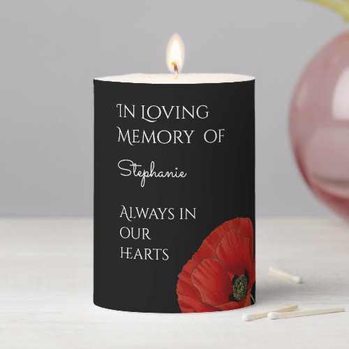 In Loving Memory  Red Poppy Remembrance Pillar Candle